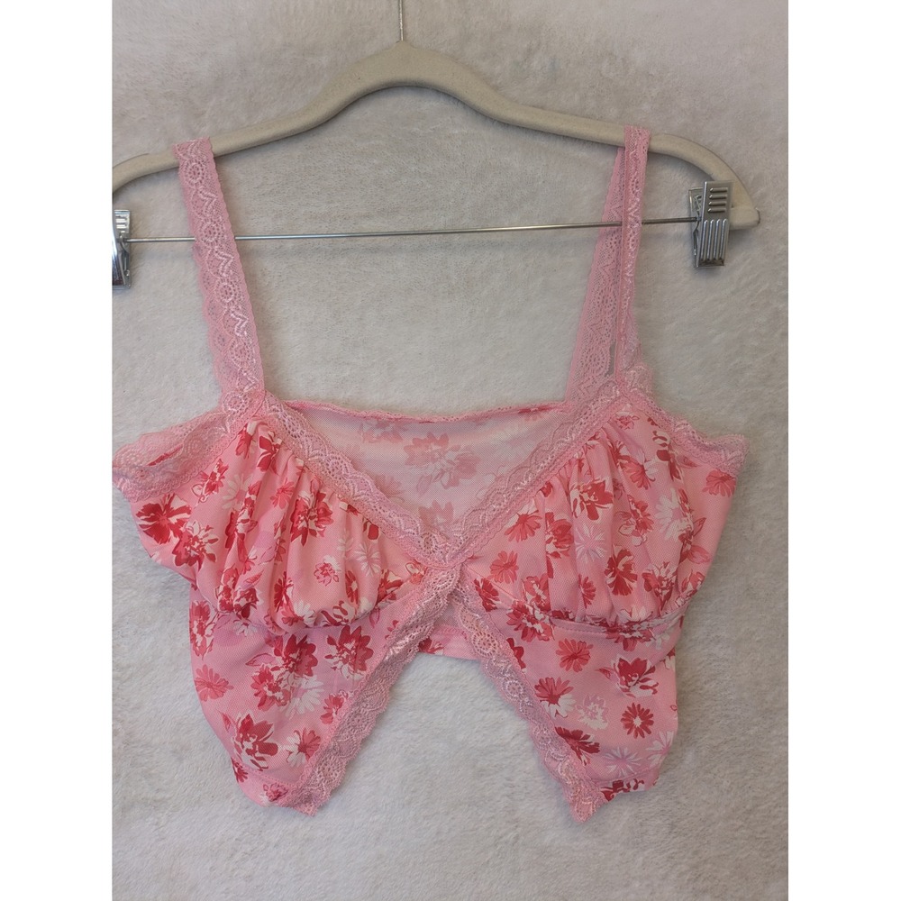 SHEIN Handkerchief Hem Cami Top Women's S Pink Floral Lace Trim Mesh Ruched Bust